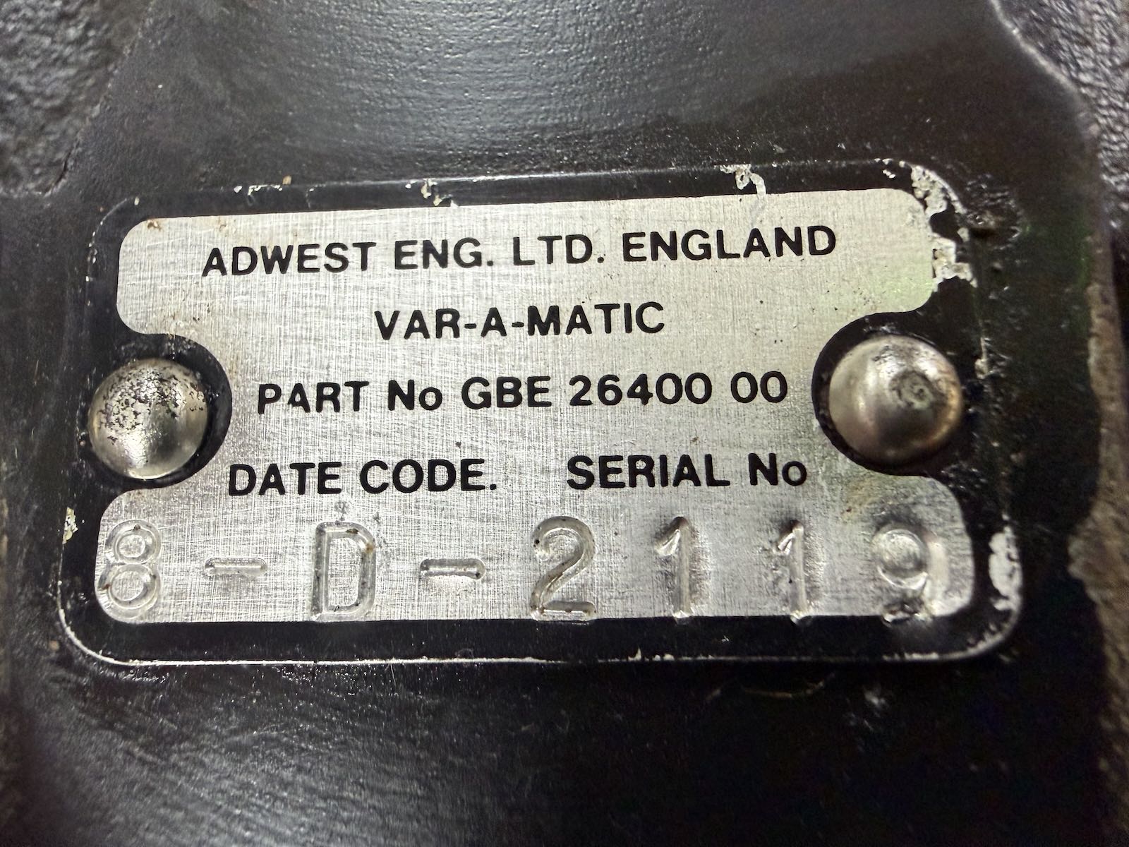 Genuine Adwest data plate: VAR-A-MATIC, Part No GBE 26400 00, date code 8-D (1988)
