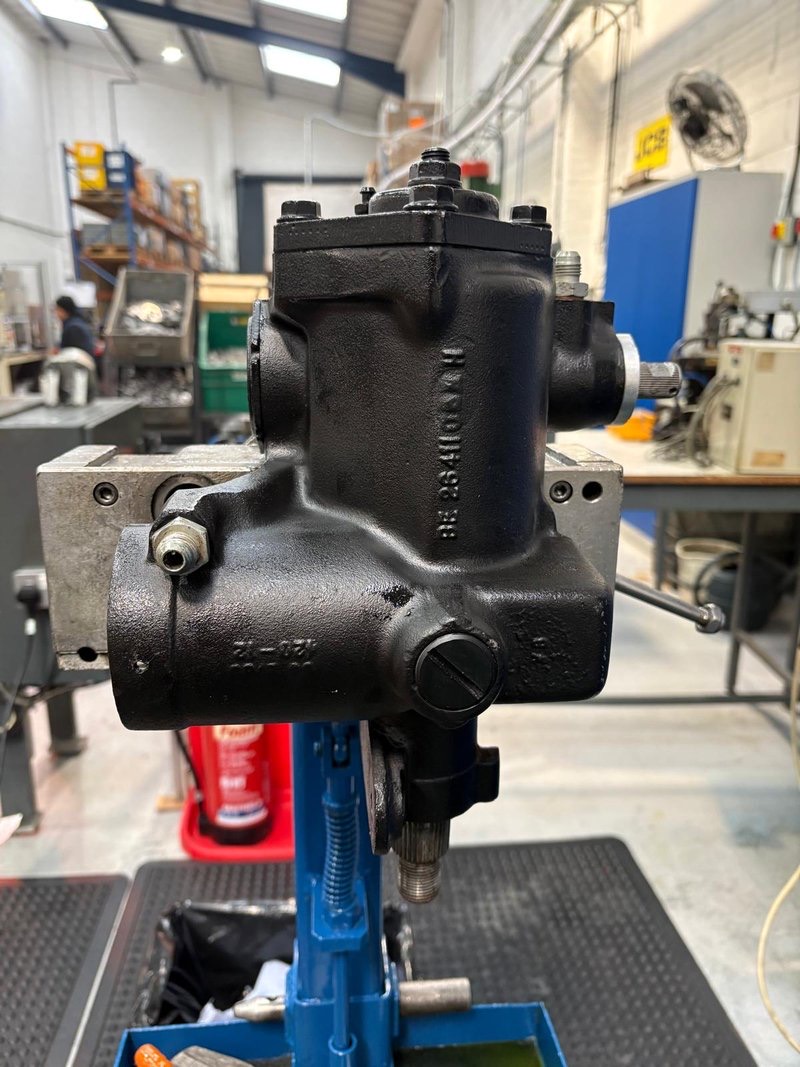 The steering box as delivered, mounted on a stand in the BAM Engineering workshop before strip-down